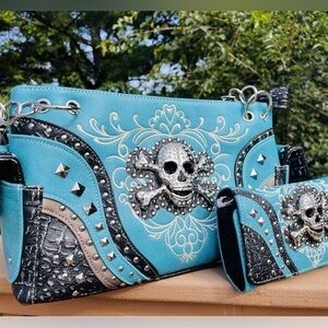 Turquoise Rhinestone Skull Concealed Carry Handbag Studded Leather Purse